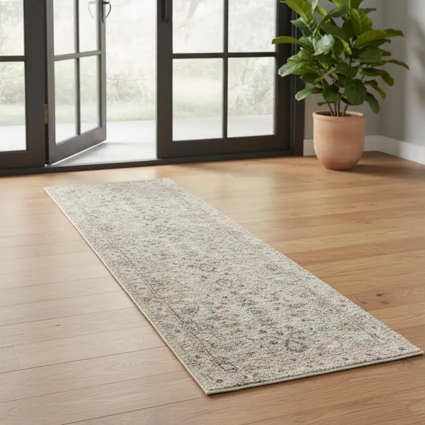 6' Gray Floral Worn Faded Runner Rug Photo 1