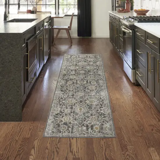6' Gray Floral Worn Faded Runner Rug Photo 4