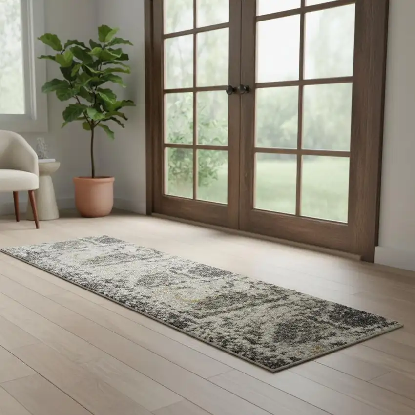 6' Gray Floral Worn Faded Runner Rug Photo 1