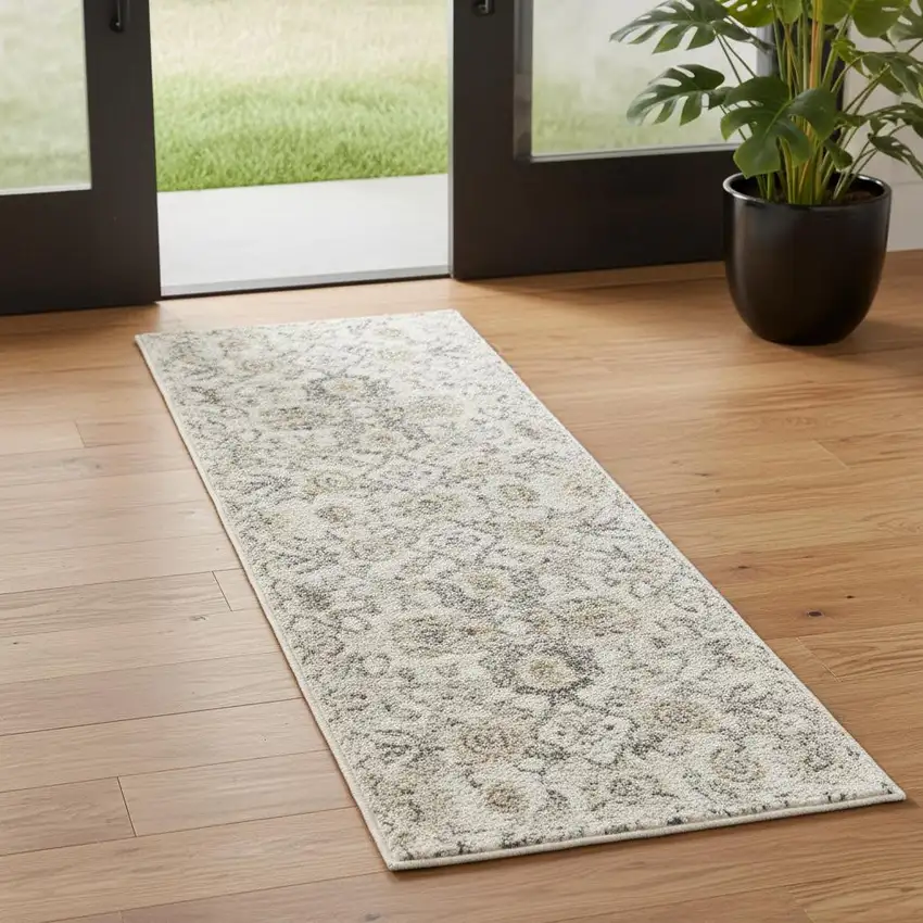 6' Gray Floral Worn Faded Runner Rug Photo 1