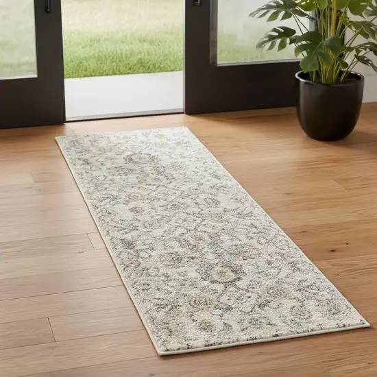 6' Gray Floral Worn Faded Runner Rug Photo 1