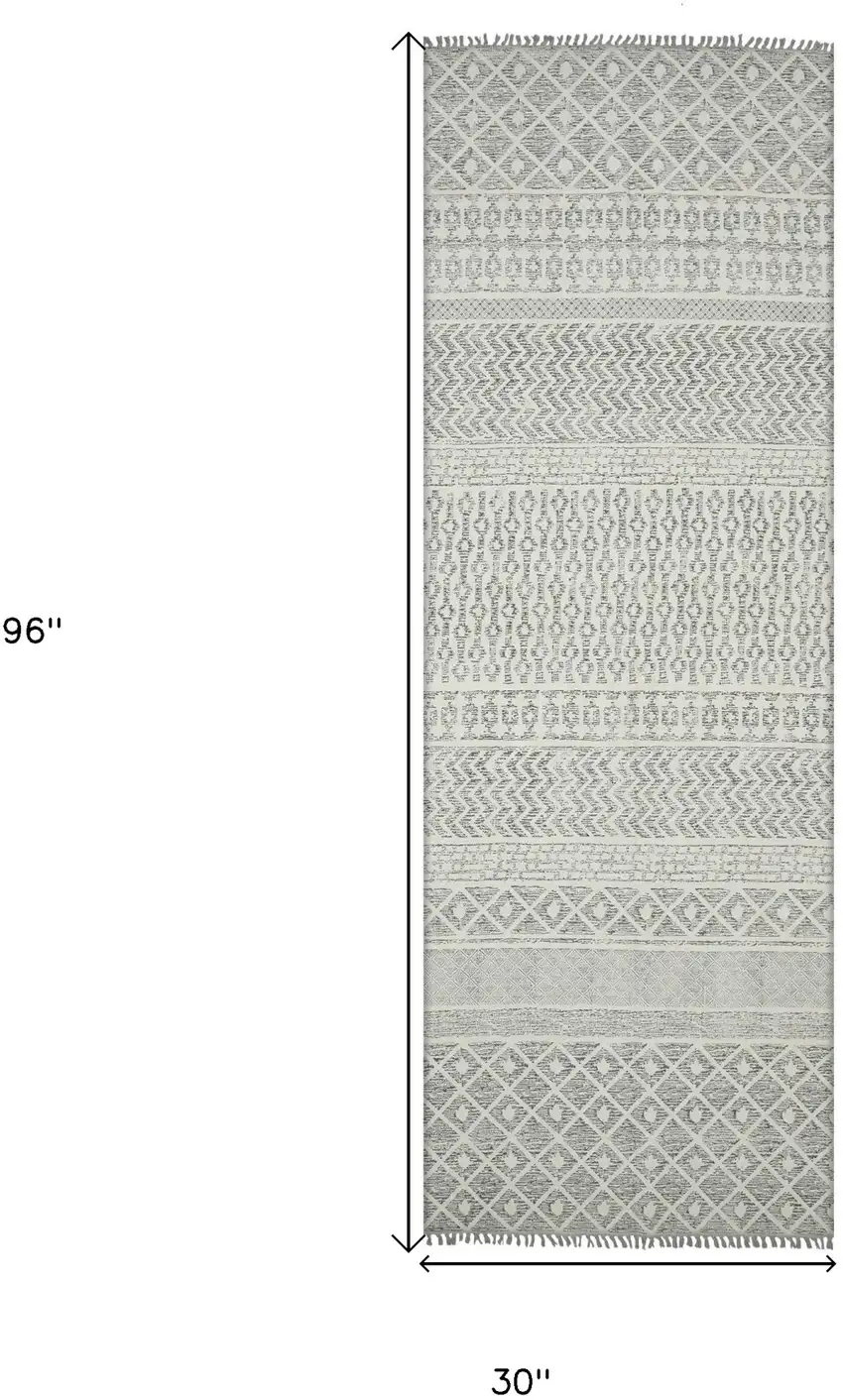 8' Gray Geometric Flatweave Handmade Distressed Runner Rug With Fringe Photo 5