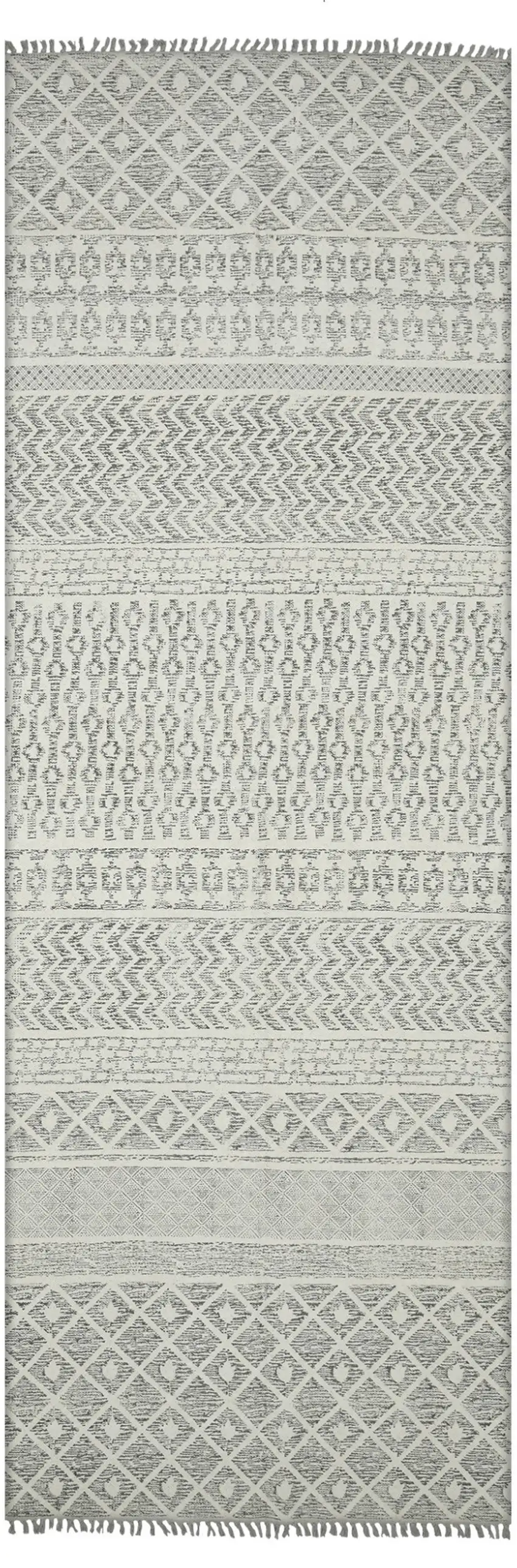8' Gray Geometric Flatweave Handmade Distressed Runner Rug With Fringe Photo 1