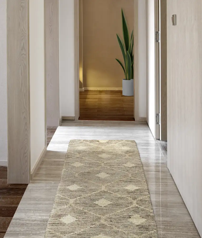 8' Gray Geometric Hand Woven Runner Rug Photo 3