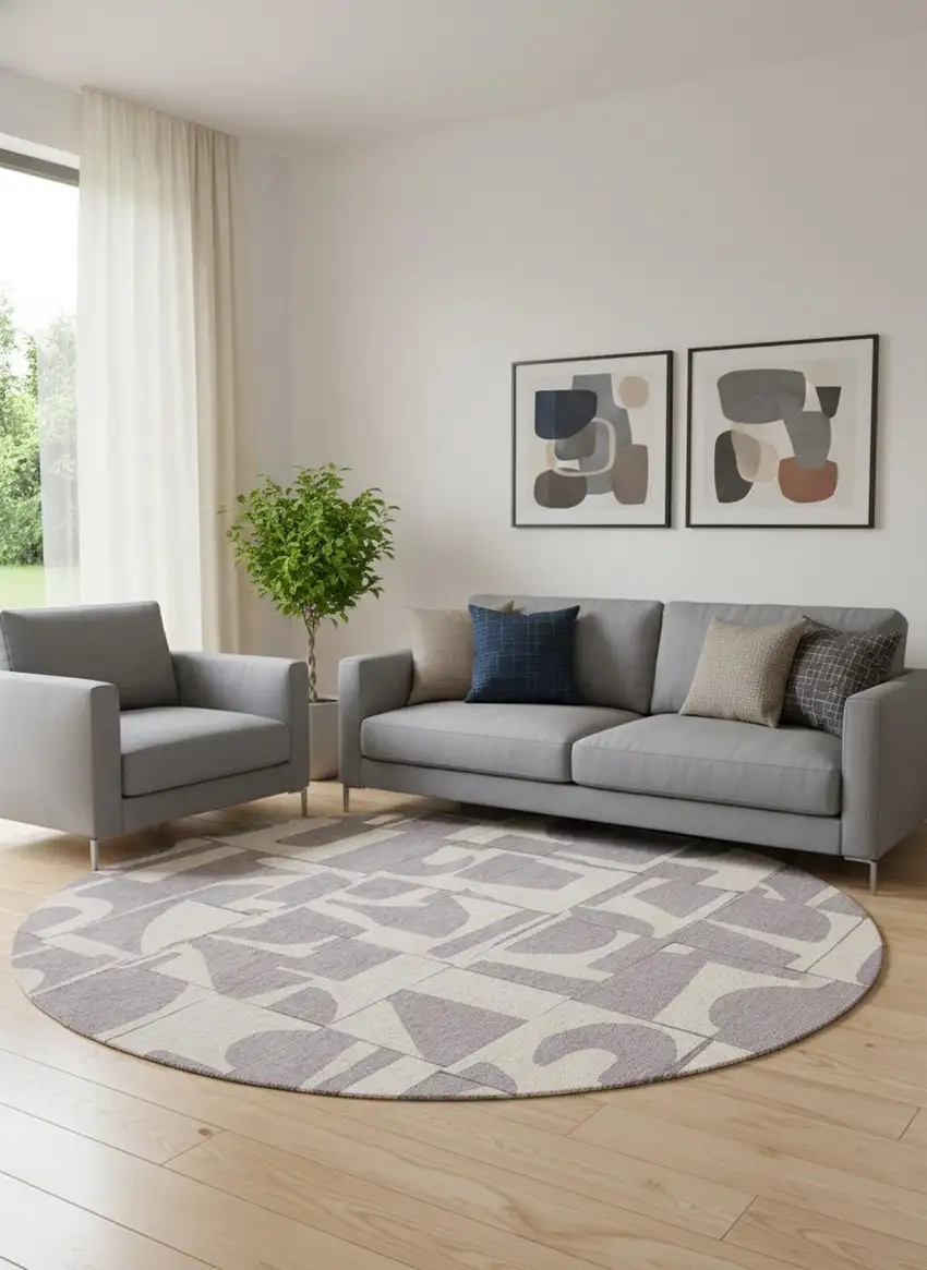 8' Gray Geometric Washable Round Rug Photo 1