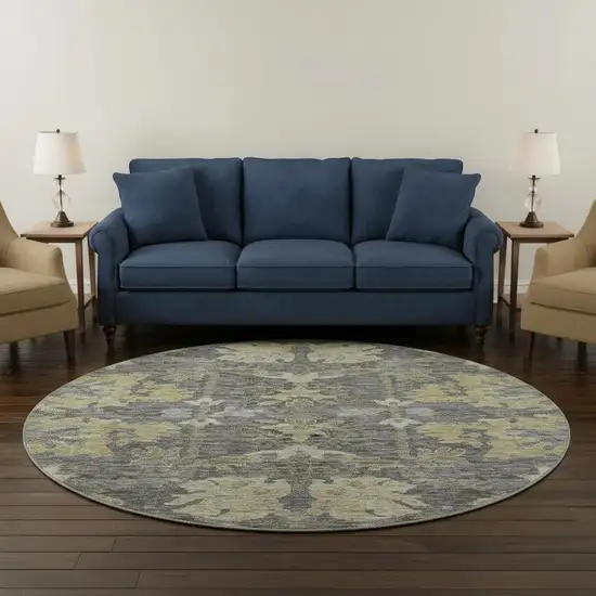 8' Gray Gold And Beige Floral Washable Round Rug With UV Protection Photo 2