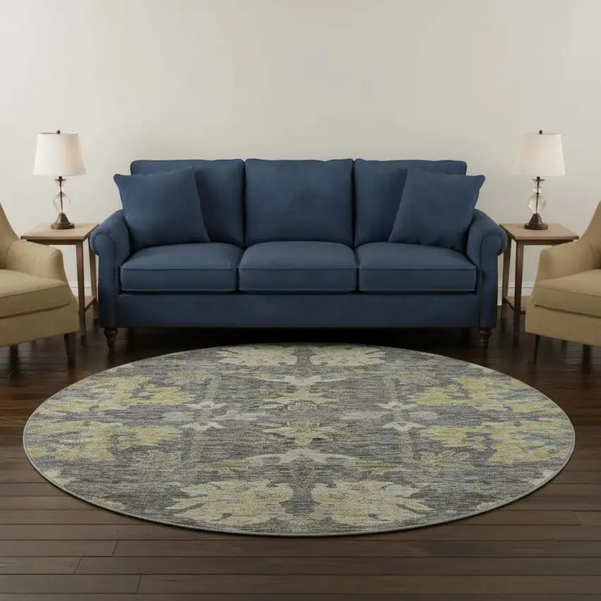 8' Gray Gold And Beige Floral Washable Round Rug With UV Protection Photo 2