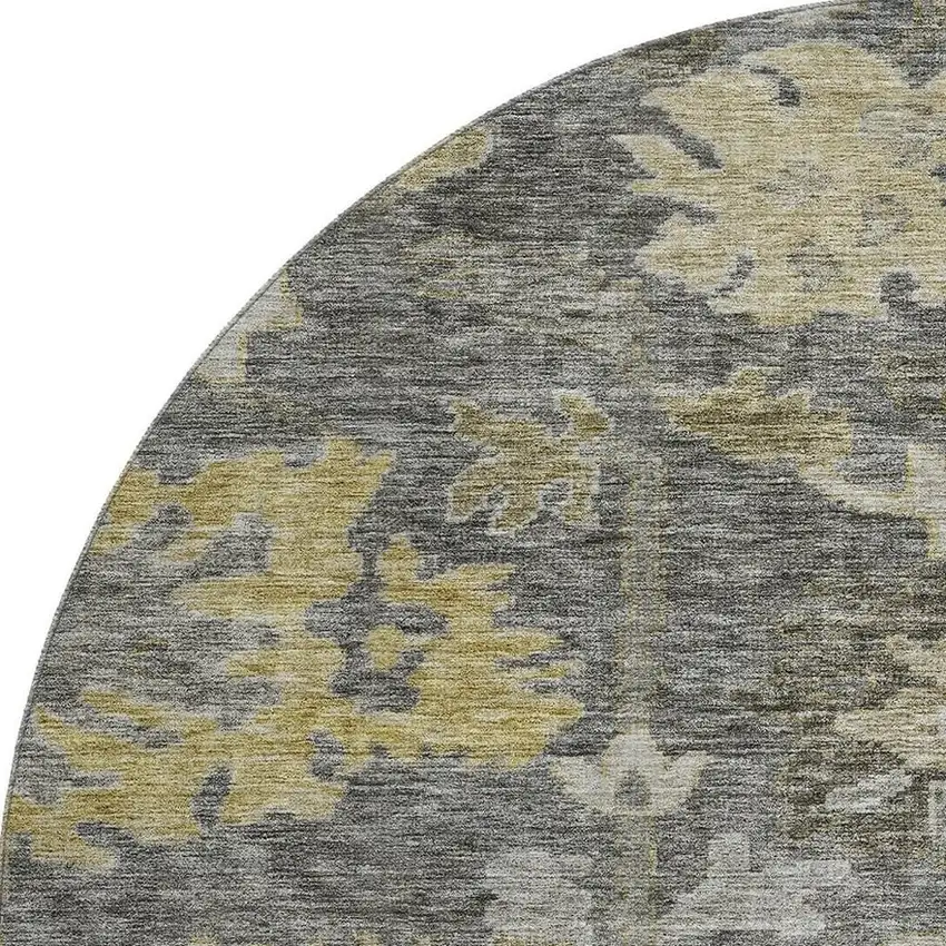 8' Gray Gold And Beige Floral Washable Round Rug With UV Protection Photo 2