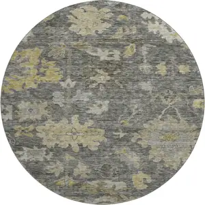 Photo of 8' Gray Gold And Beige Floral Washable Round Rug With UV Protection