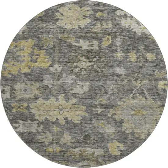 8' Gray Gold And Beige Floral Washable Round Rug With UV Protection Photo 1