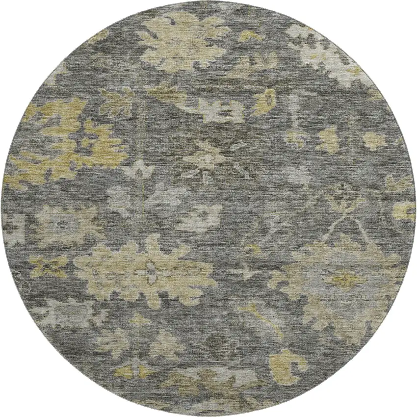 8' Gray Gold And Beige Floral Washable Round Rug With UV Protection Photo 1