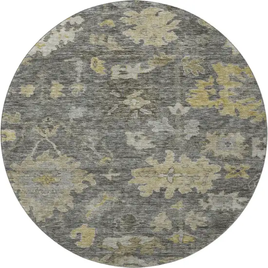 8' Gray Gold And Beige Floral Washable Round Rug With UV Protection Photo 3