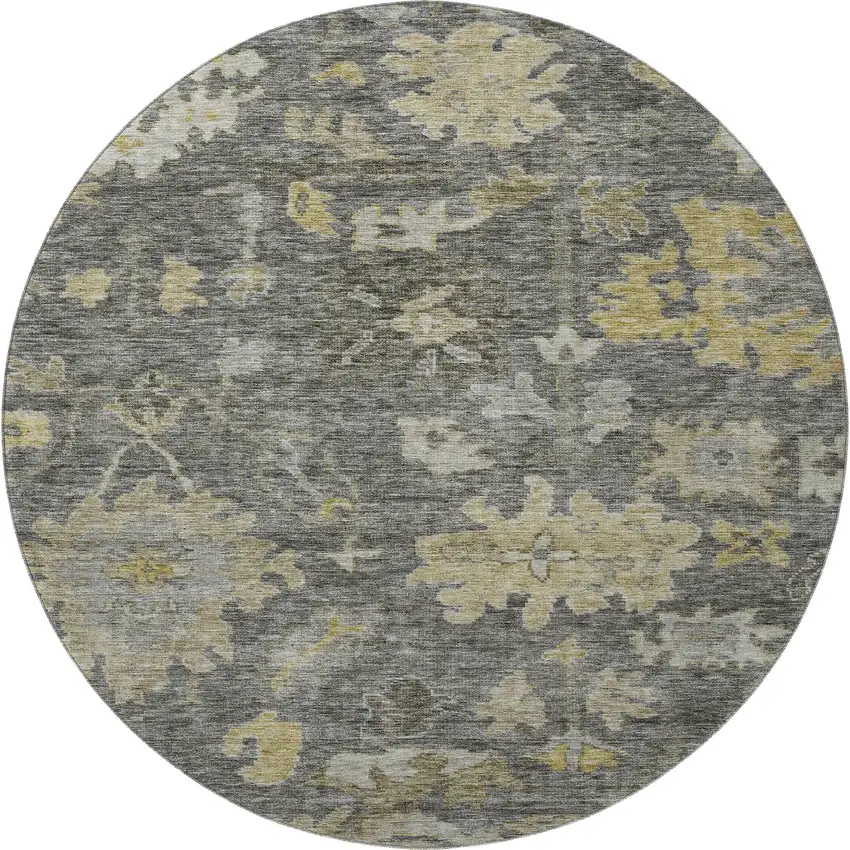 8' Gray Gold And Beige Floral Washable Round Rug With UV Protection Photo 3