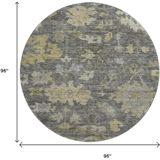 8' Gray Gold And Beige Floral Washable Round Rug With UV Protection Photo 9