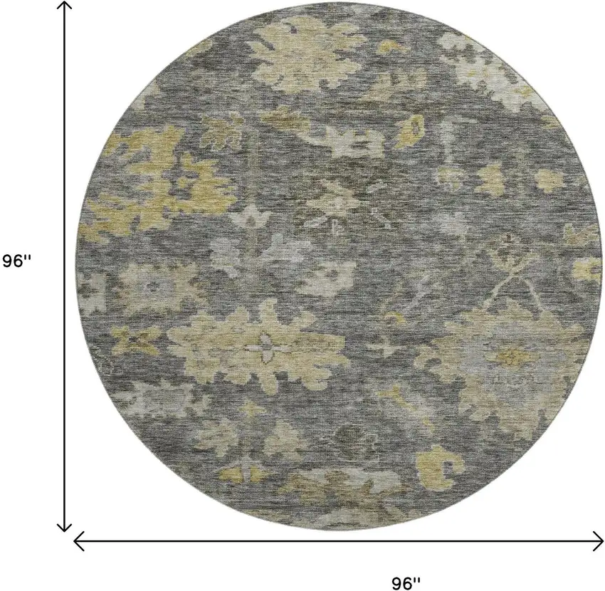8' Gray Gold And Beige Floral Washable Round Rug With UV Protection Photo 9