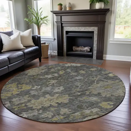 8' Gray Gold And Beige Floral Washable Round Rug With UV Protection Photo 4