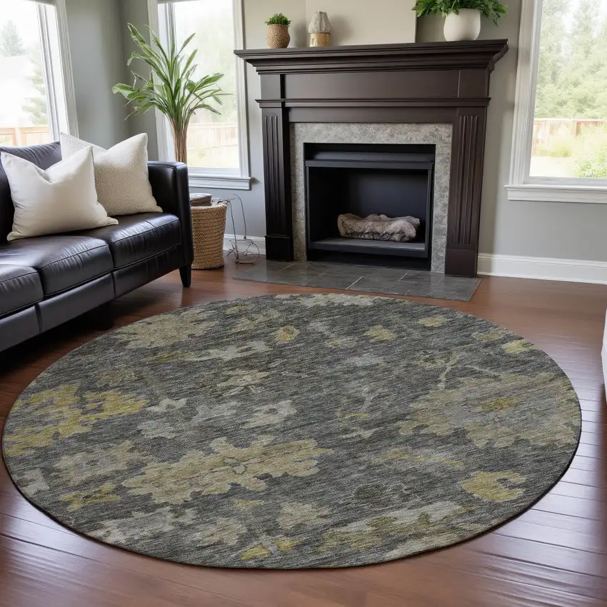 8' Gray Gold And Beige Floral Washable Round Rug With UV Protection Photo 4