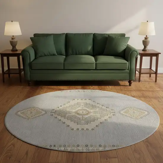 8' Gray Gold And Beige Oriental Washable Round Rug With UV Protection Photo 2