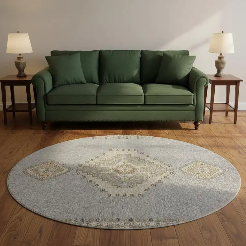 8' Gray Gold And Beige Oriental Washable Round Rug With UV Protection Photo 2