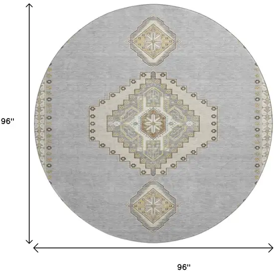 8' Gray Gold And Beige Oriental Washable Round Rug With UV Protection Photo 9