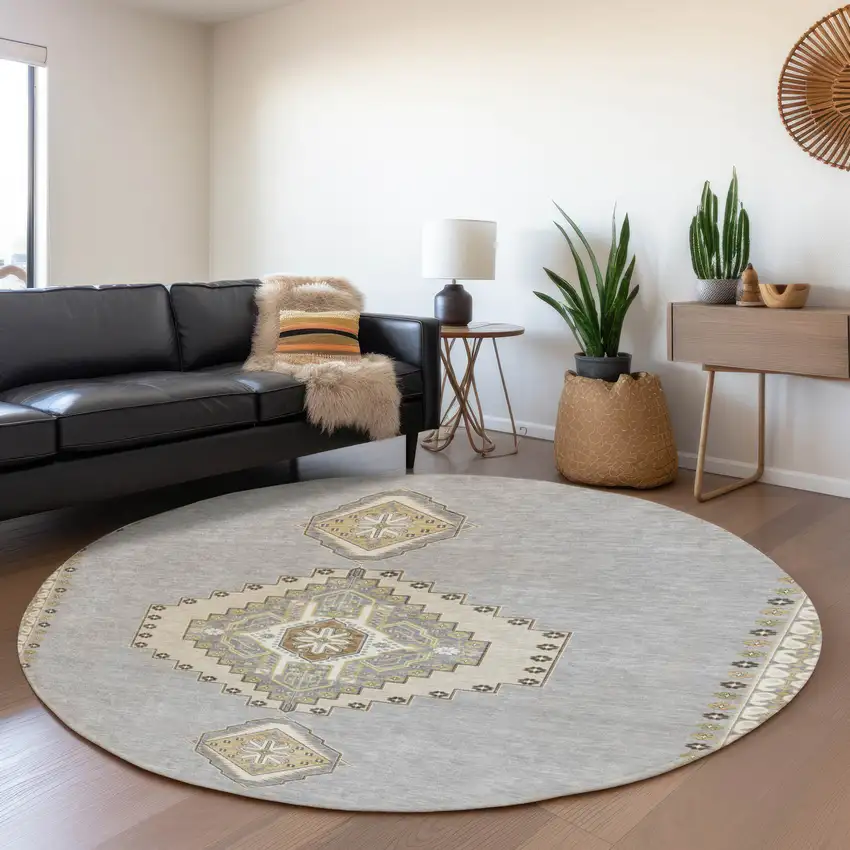 8' Gray Gold And Beige Oriental Washable Round Rug With UV Protection Photo 4