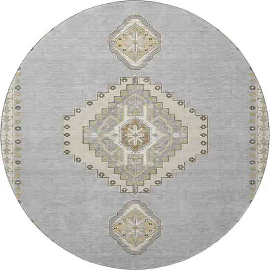 8' Gray Gold And Beige Oriental Washable Round Rug With UV Protection Photo 3