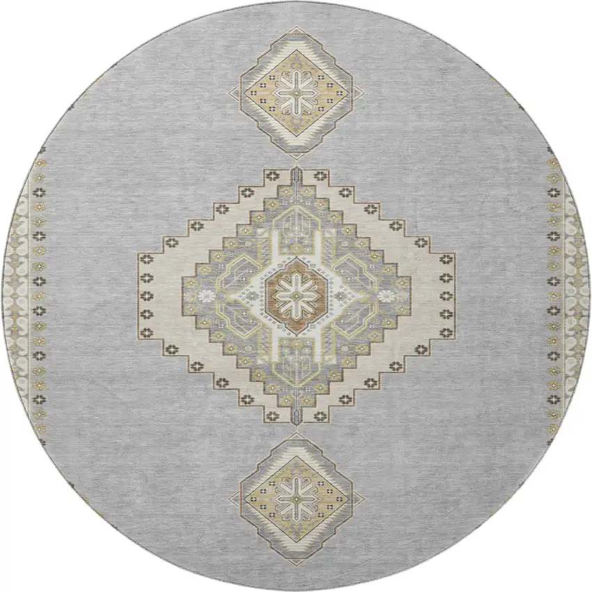 8' Gray Gold And Beige Oriental Washable Round Rug With UV Protection Photo 3