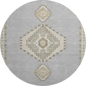 Photo of 8' Gray Gold And Beige Oriental Washable Round Rug With UV Protection
