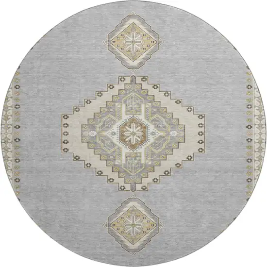 8' Gray Gold And Beige Oriental Washable Round Rug With UV Protection Photo 1