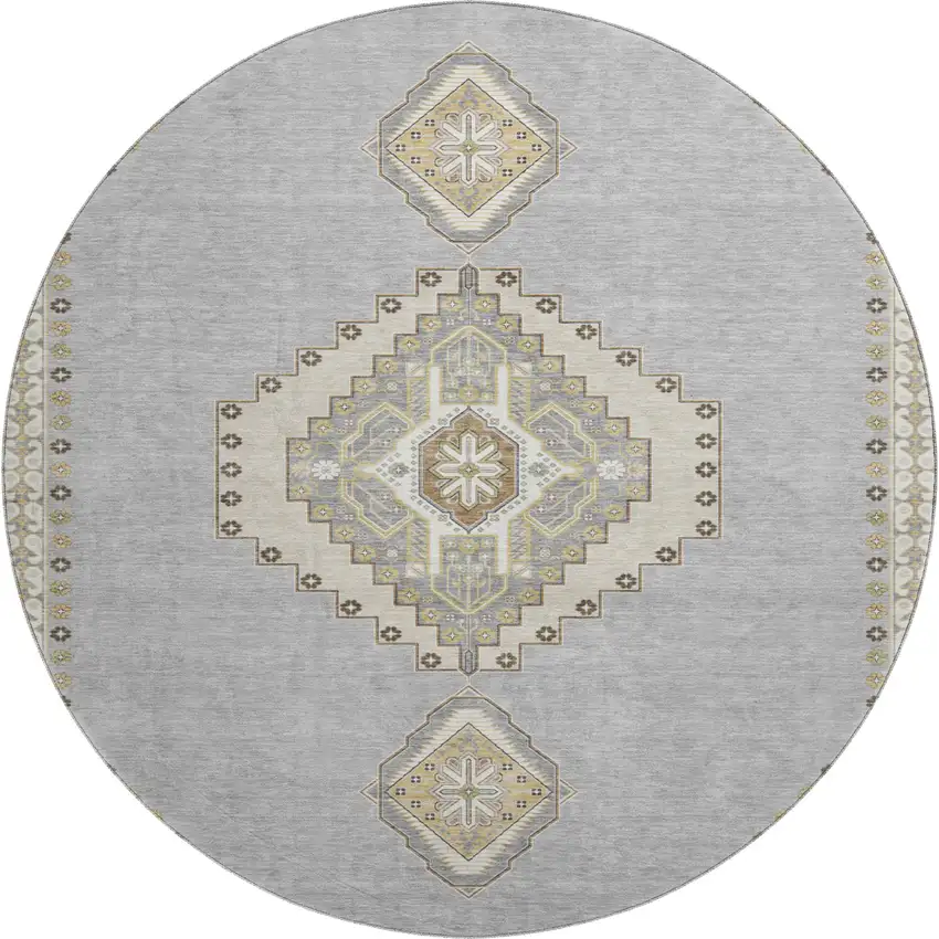 8' Gray Gold And Beige Oriental Washable Round Rug With UV Protection Photo 1