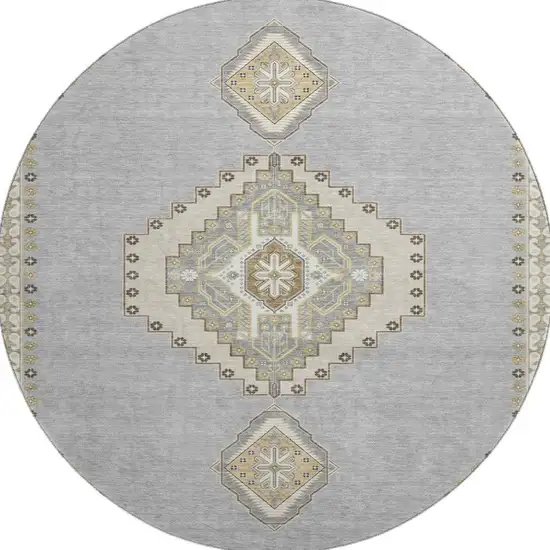 8' Gray Gold And Beige Oriental Washable Round Rug With UV Protection Photo 2