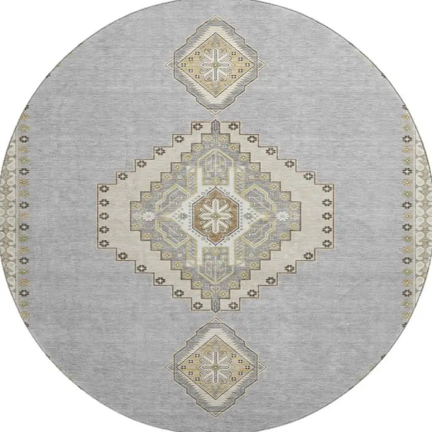 8' Gray Gold And Beige Oriental Washable Round Rug With UV Protection Photo 2