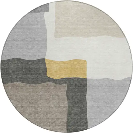 8' Gray Gold And Beige Round Abstract Washable Indoor Outdoor Area Rug Photo 1