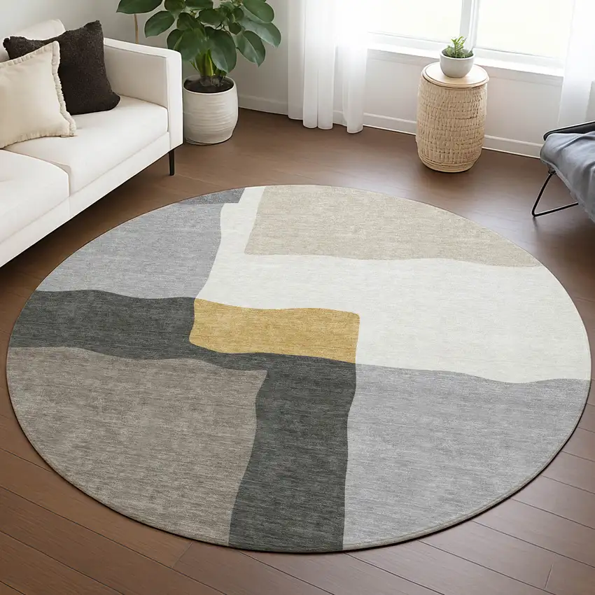 8' Gray Gold And Beige Round Abstract Washable Indoor Outdoor Area Rug Photo 5