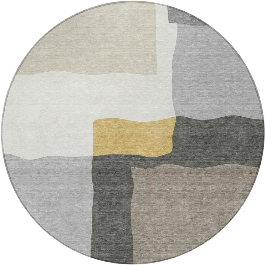 8' Gray Gold And Beige Round Abstract Washable Indoor Outdoor Area Rug Photo 3