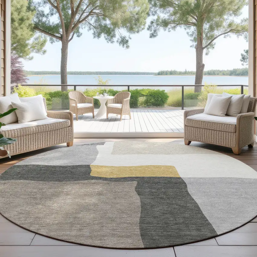8' Gray Gold And Beige Round Abstract Washable Indoor Outdoor Area Rug Photo 4