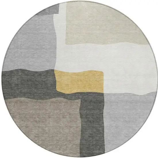 8' Gray Gold And Beige Round Abstract Washable Indoor Outdoor Area Rug Photo 2