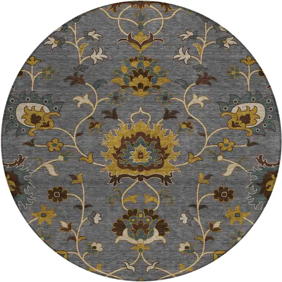 8' Gray Gold And Beige Round Floral Washable Indoor Outdoor Area Rug Photo 2