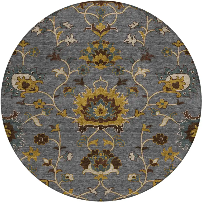 8' Gray Gold And Beige Round Floral Washable Indoor Outdoor Area Rug Photo 2