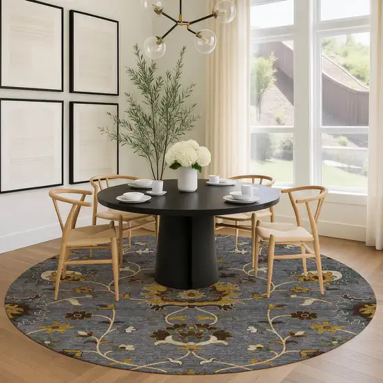 8' Gray Gold And Beige Round Floral Washable Indoor Outdoor Area Rug Photo 9
