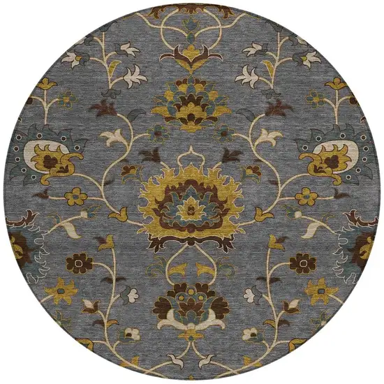 8' Gray Gold And Beige Round Floral Washable Indoor Outdoor Area Rug Photo 4