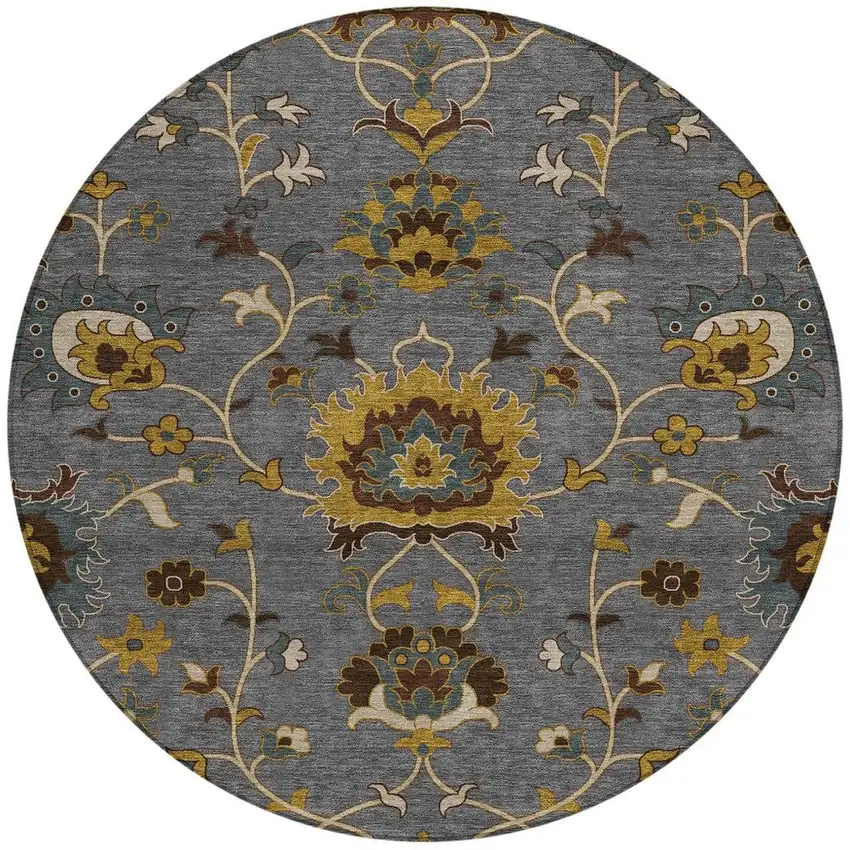 8' Gray Gold And Beige Round Floral Washable Indoor Outdoor Area Rug Photo 4