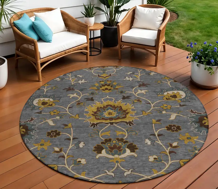 8' Gray Gold And Beige Round Floral Washable Indoor Outdoor Area Rug Photo 1