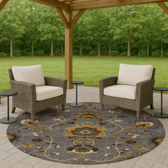 8' Gray Gold And Beige Round Floral Washable Indoor Outdoor Area Rug Photo 8