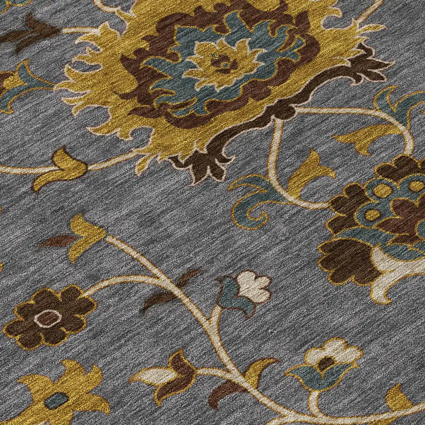 8' Gray Gold And Beige Round Floral Washable Indoor Outdoor Area Rug Photo 7