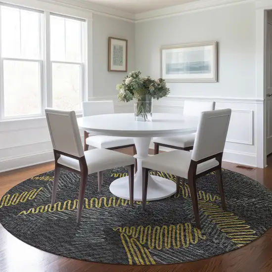 8' Gray Gold And Black Botanical Leaves Washable Round Rug With UV Protection Photo 5