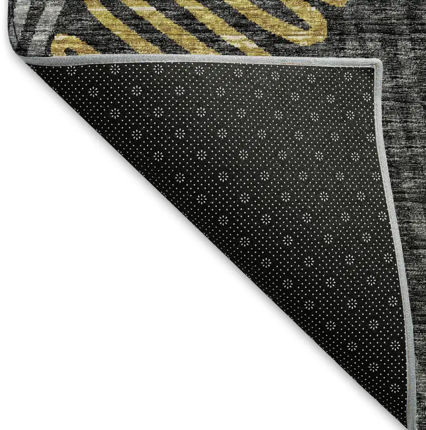 8' Gray Gold And Black Botanical Leaves Washable Round Rug With UV Protection Photo 6