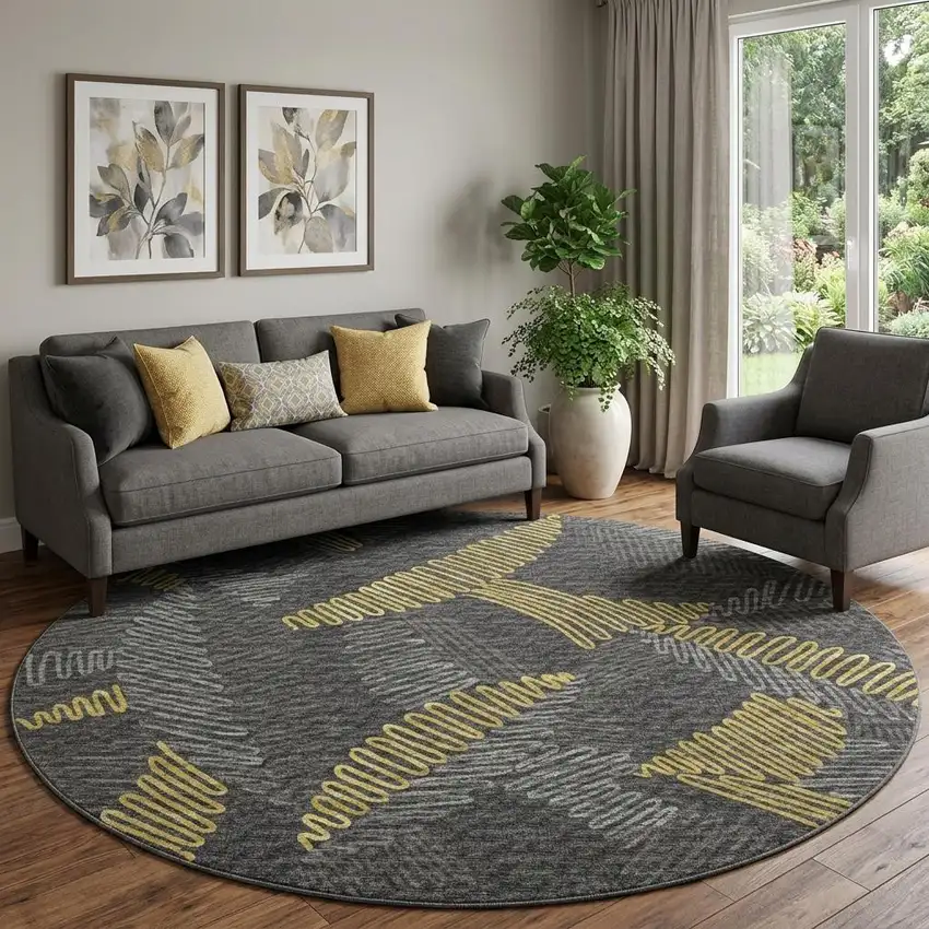 8' Gray Gold And Black Botanical Leaves Washable Round Rug With UV Protection Photo 1