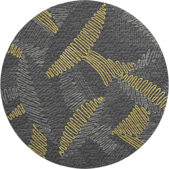 8' Gray Gold And Black Botanical Leaves Washable Round Rug With UV Protection Photo 2