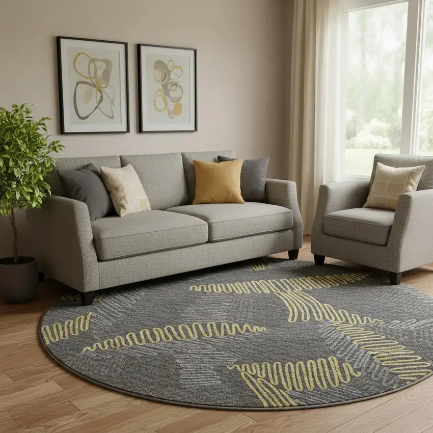 8' Gray Gold And Black Botanical Leaves Washable Round Rug With UV Protection Photo 1